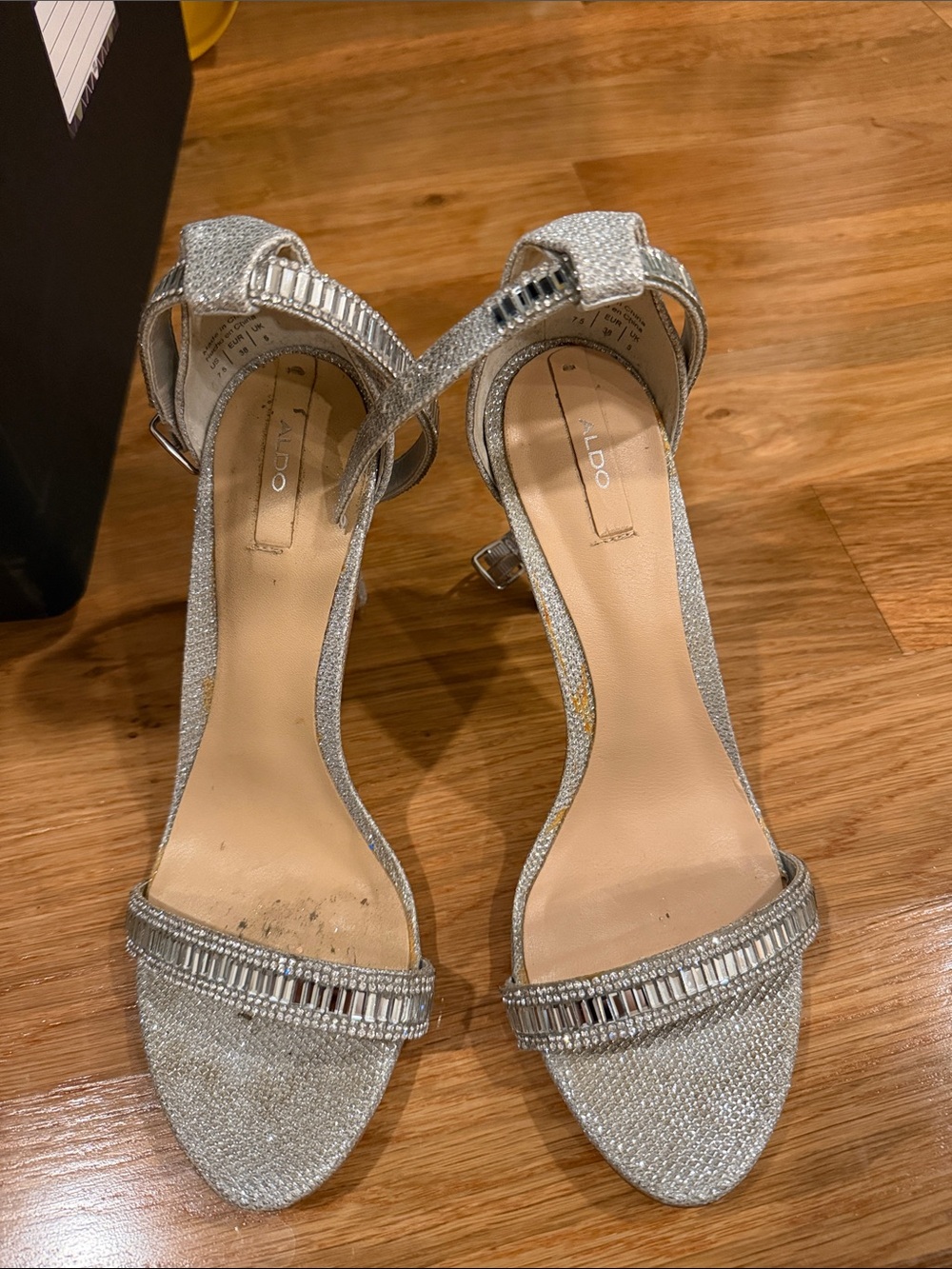 Aldo Silver Glitter Open-Toe Ankle Strap Heels